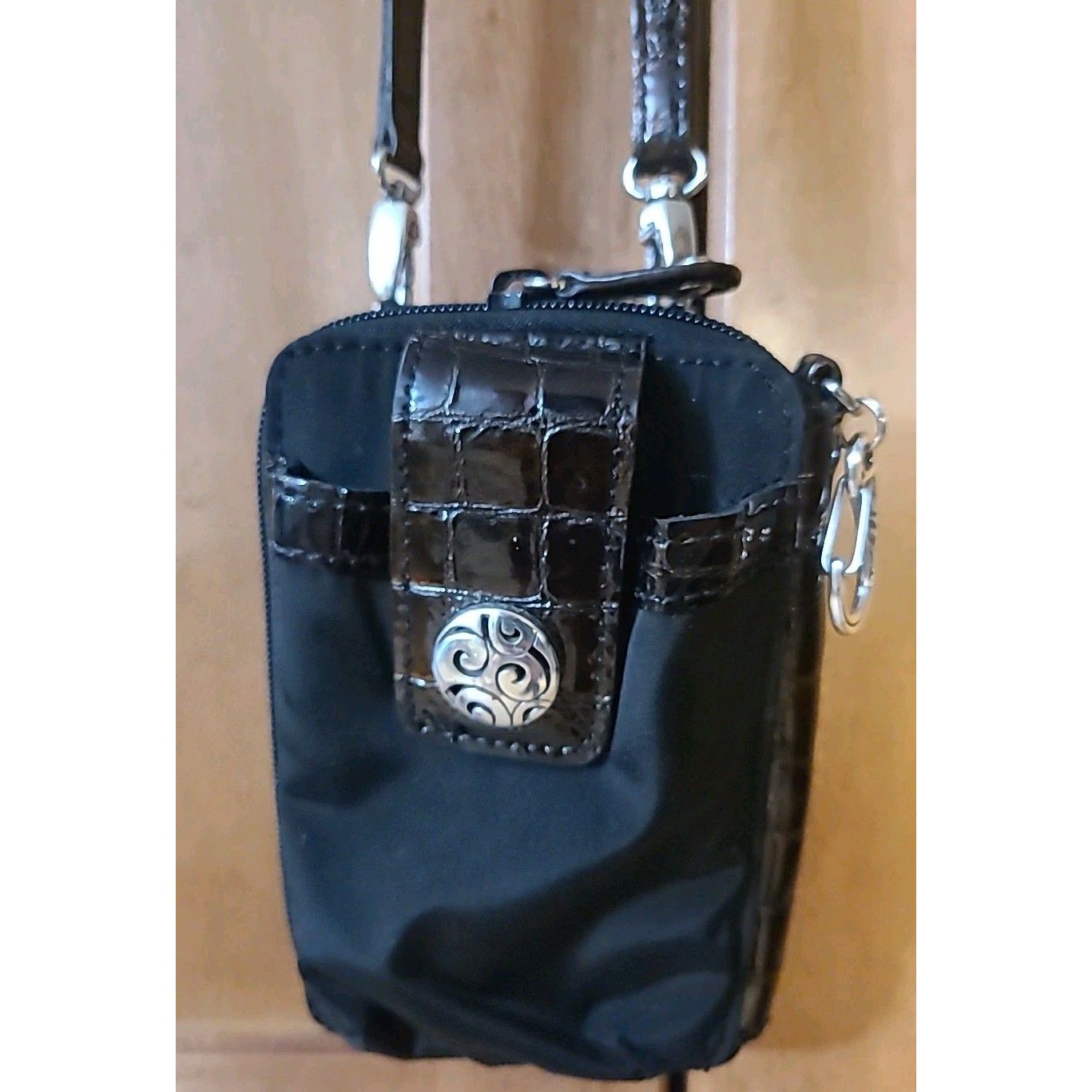 Vintage Brighton Black Brown Wallet Crossbody Silver Tone Metal Hardware